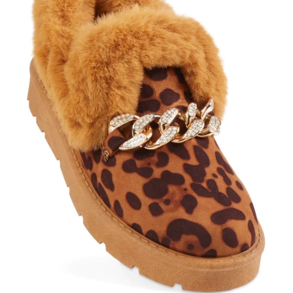 Animal Print Faux Fur Slip On Moccasins with chain detail, Women's, New - Picture 9 of 13